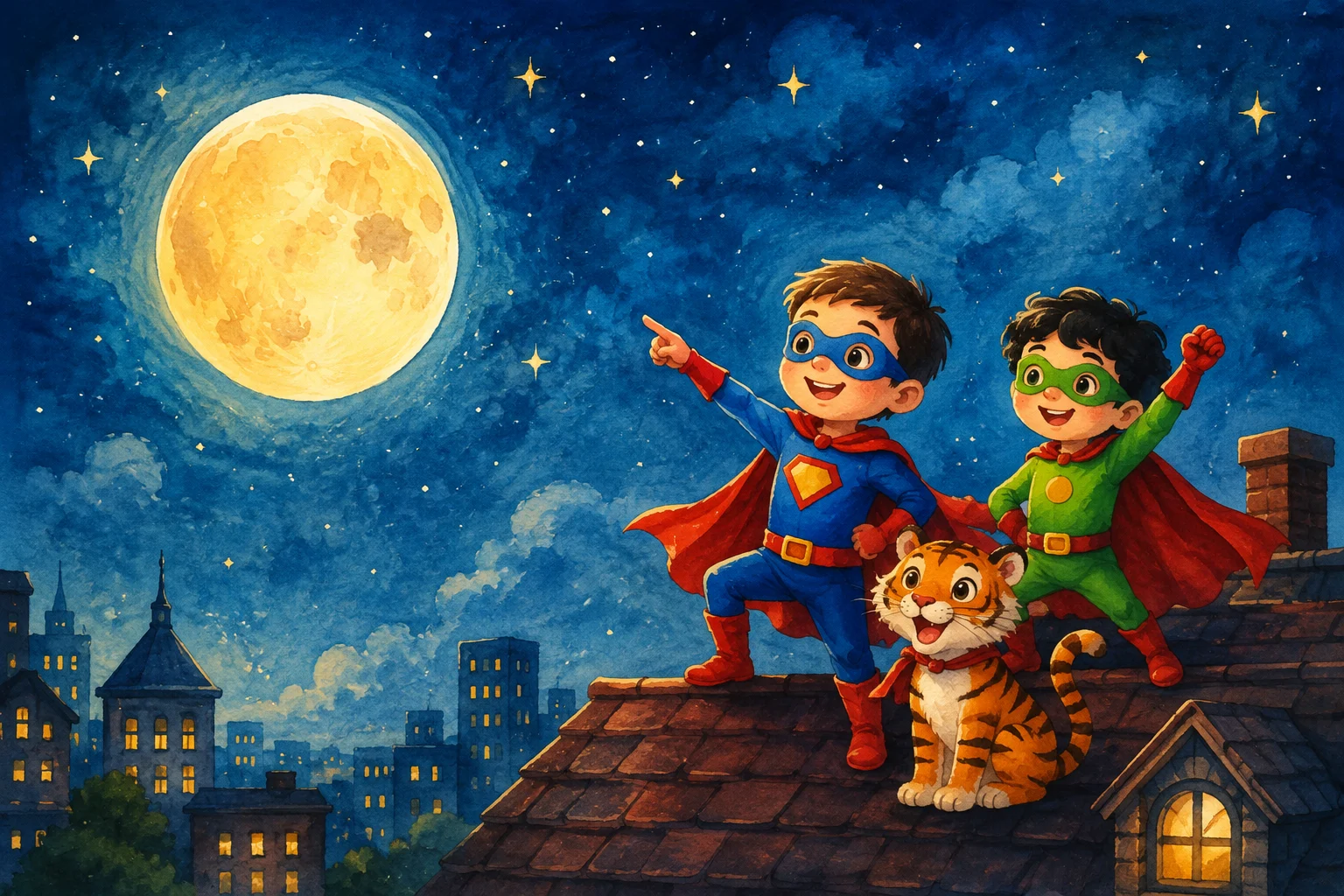 Cover-inspired illustration of two young superheroes and their tiger companion exploring a moonlit rooftop